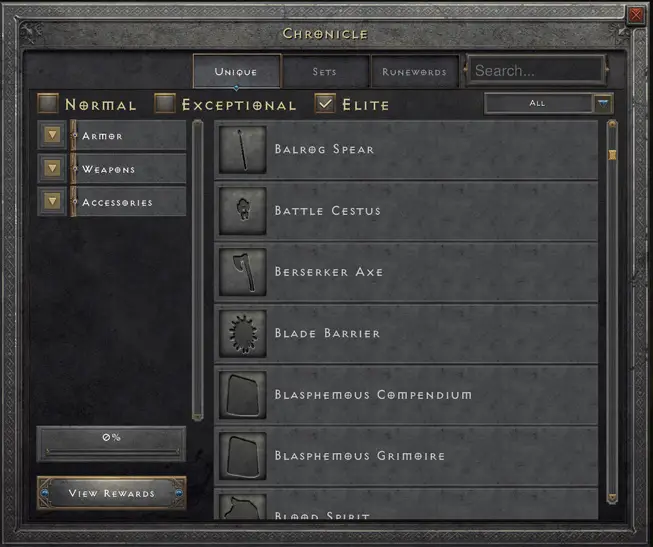 The Chronicle - built-in grail tracker in Diablo 2 Resurrected