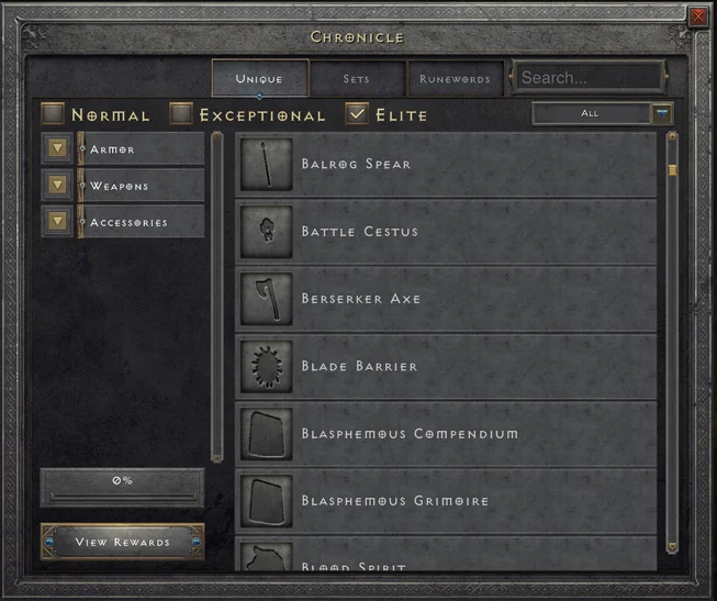 The Chronicle - built-in grail tracker in Diablo 2 Resurrected