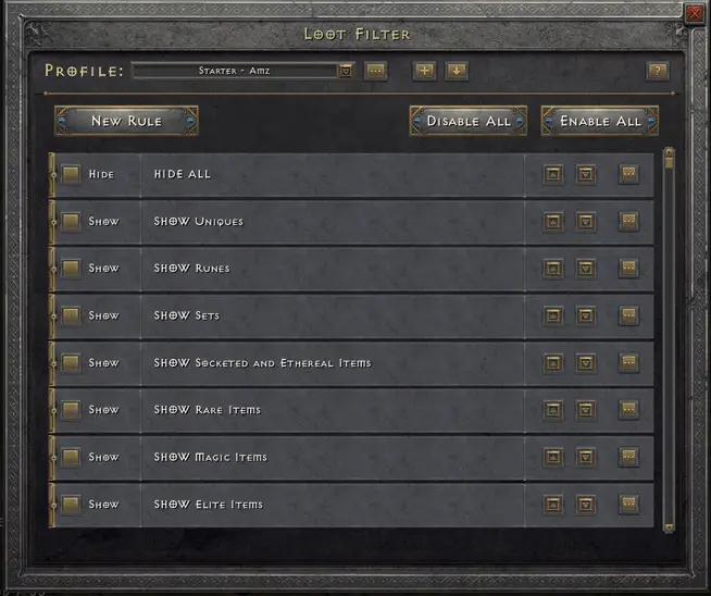 Loot Filter interface in Diablo 2 Resurrected