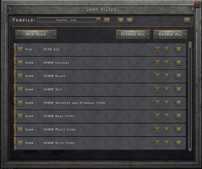 Loot Filter interface in Diablo 2 Resurrected