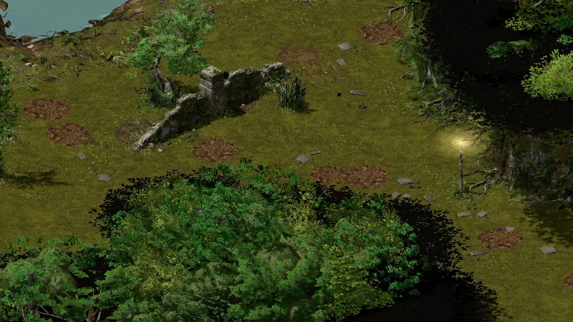 Flayer Jungle Pygmy E decoy clearing: a broken stone wall, no pond and no blood