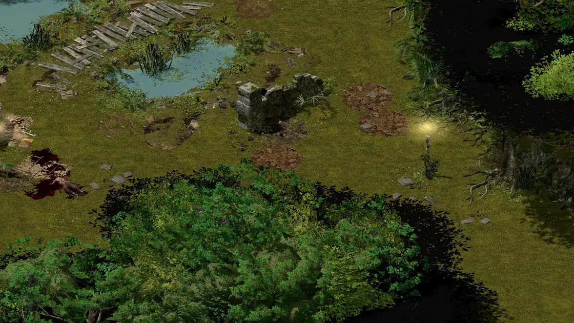Flayer Jungle Pygmy E clearing with the Flayer Dungeon: a pond with a plank walkway and fresh blood