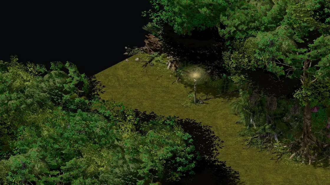 Flayer Jungle Pygmy EW clearing with the Flayer Dungeon: a lit torch at the entrance