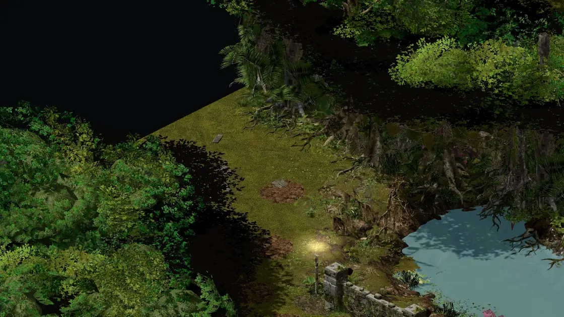 Flayer Jungle Pygmy EW waypoint clearing: river water and a wooden walkway at the entrance