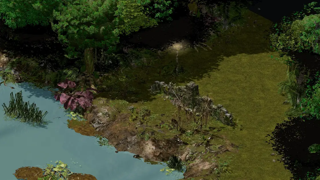 Flayer Jungle Pygmy N decoy clearing: a big lily-pad pond on the left