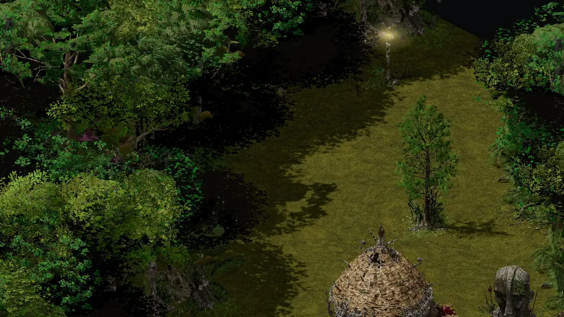 Flayer Jungle Pygmy N clearing with the Flayer Dungeon: no pond, a straw flayer hut ahead