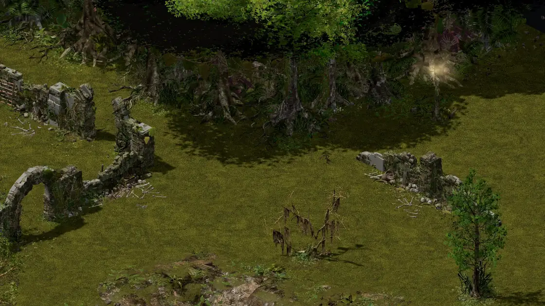 Flayer Jungle Pygmy NS decoy clearing: ruined stone arches and a small pond