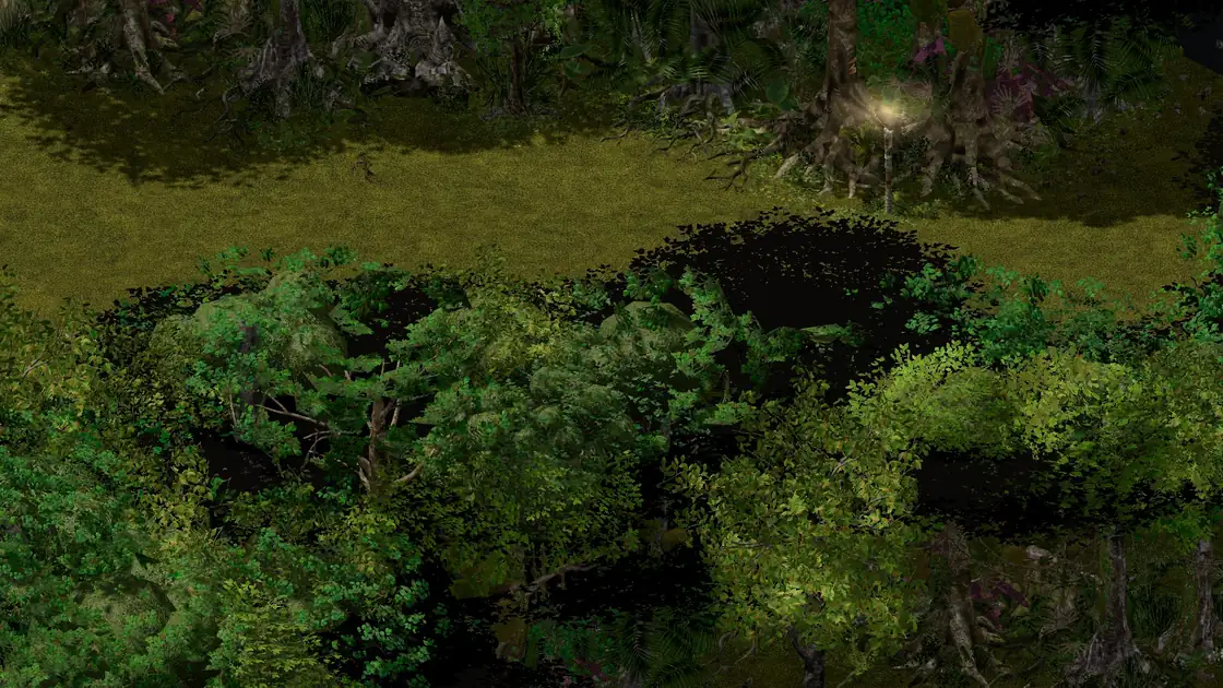 Flayer Jungle Pygmy NS clearing with the Flayer Dungeon: dense trees down-left