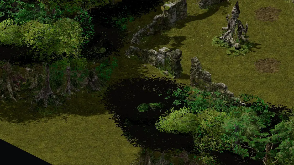 Flayer Jungle Pygmy SE decoy clearing: a dead tree stump and a broken arch, no camp
