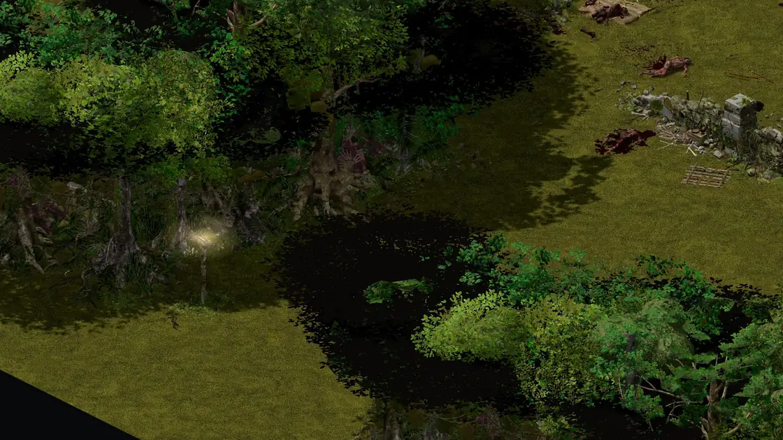 Flayer Jungle Pygmy SE clearing with the Flayer Dungeon: a flayer camp with bloody corpses