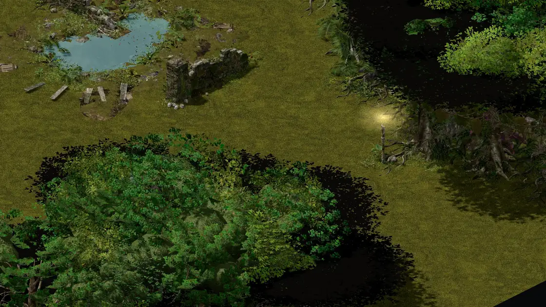 Flayer Jungle Pygmy SE clearing with the Flayer Dungeon: a small pond with planks