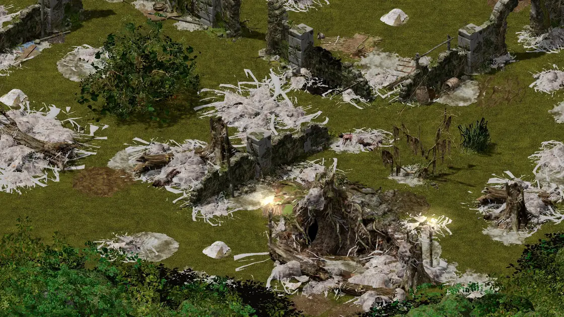 Spider Cavern entrance in a Spider Forest clearing, with a lit brazier on each side of the cave mouth