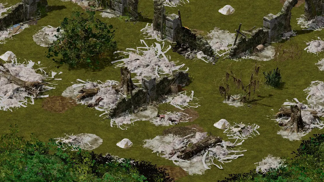 The same spot in a Spider Forest decoy clearing: logs and webs, no cave and no braziers