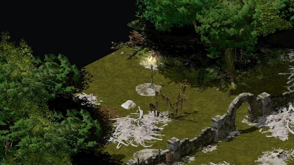 Spider Forest Webby W clearing with the Spider Cavern: empty ground right of the first stone arch