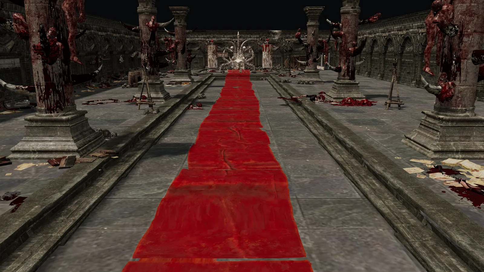 Andariel's throne hall in Catacombs level 4, seen in first person from the entrance down the red carpet, rendered in 3D from the Diablo 2 Resurrected HD game files