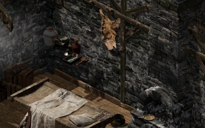 Costdownkevin chalk stick figure on a wall in Act 1 cottages, Diablo 2 Resurrected HD