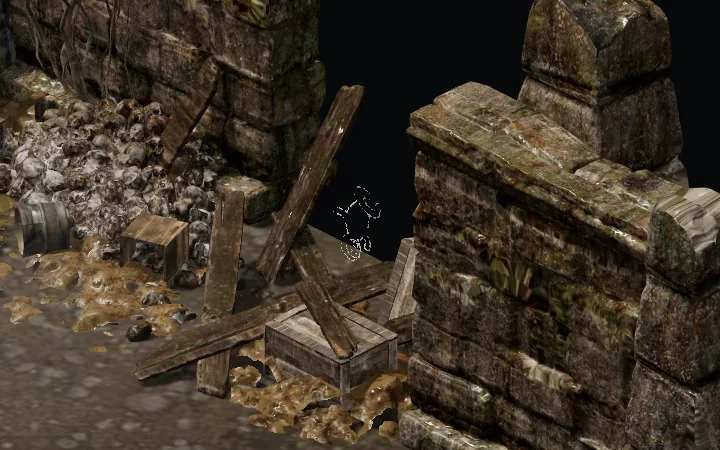 Costdownkevin chalk stick figure on a wall in Kurast Sewers, Diablo 2 Resurrected HD